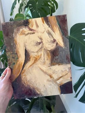 11x14in Hand-Painted Nude Figure Acrylic Painting - Cream and Brown Tones